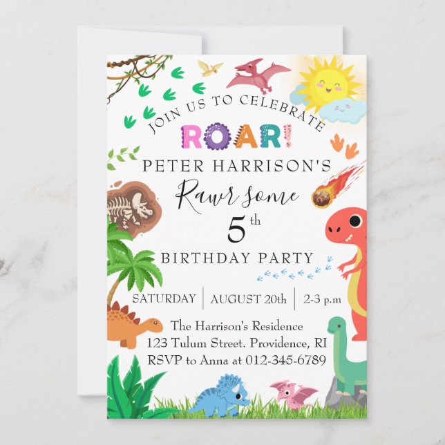 Invitación Dinosaur Rawar algo de fiesta de cumpleaños (Anverso)