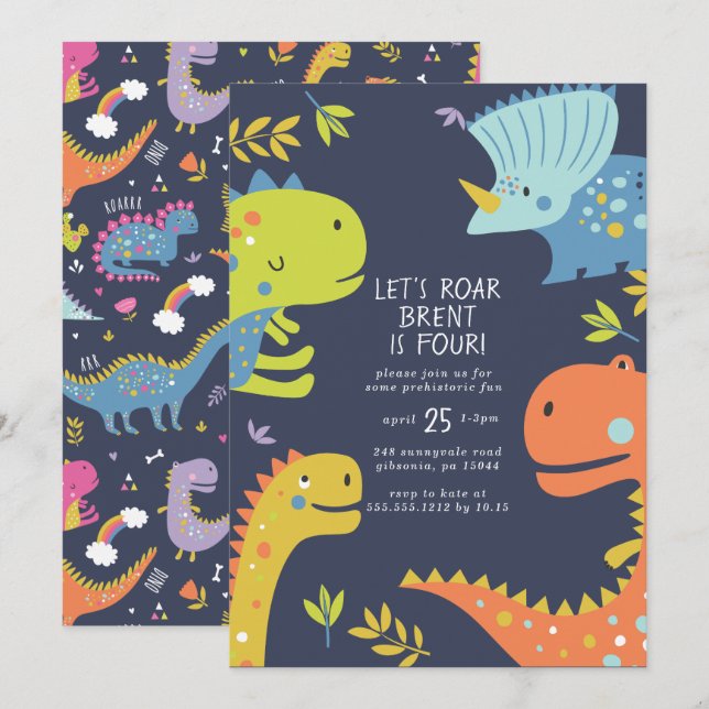 Invitación Dinosaur Roar Boys Birthday Blue (Anverso / Reverso)