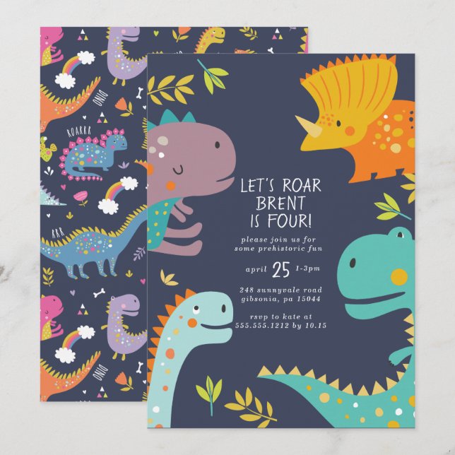 Invitación Dinosaur Roar Boys Naranja de cumpleaños (Anverso / Reverso)