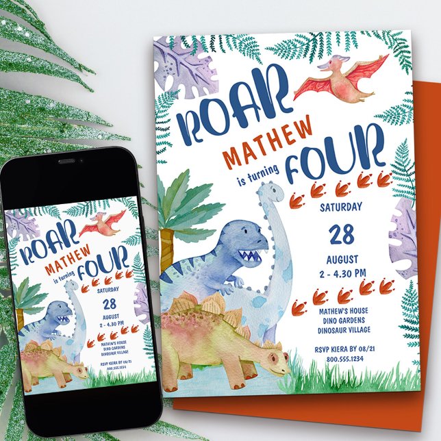 Invitación Dinosaur Roar... está cumpliendo 4 años (dinosaur themed 4th birthday invitation with personalized roar  rhyme)