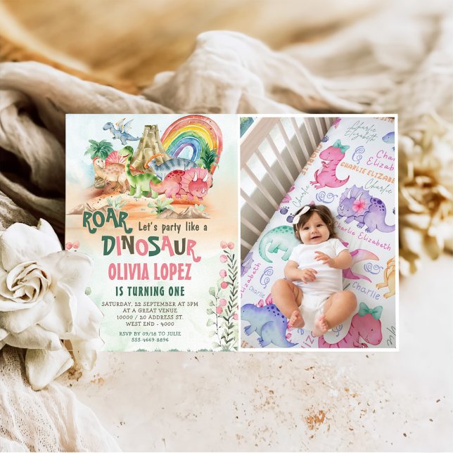 Invitación Dinosaur Roar Primer cumpleaños Chica Fiesta (Subido por el creador)