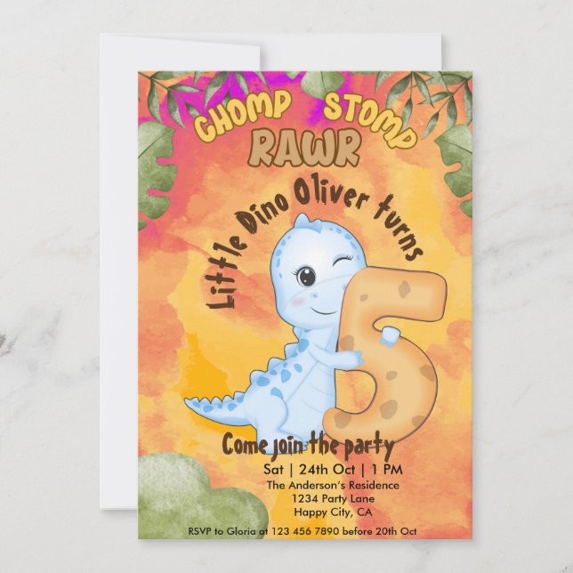 Invitación Dinosaur Stomp Chomp Rawr 5ª fiesta de cumpleaños (Anverso)