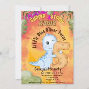 Invitación Dinosaur Stomp Chomp Rawr 5ª fiesta de cumpleaños