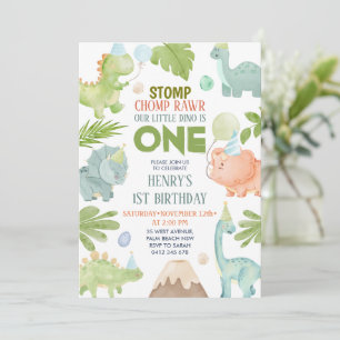 Invitación Dinosaur Stomp Chomp Rawr Boy Dino Primer Cumpleañ