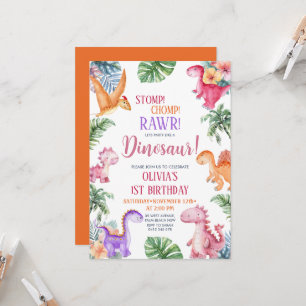 Invitación Dinosaur Stomp Chomp Rawr Primer Fiesta CHICA de c