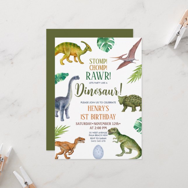 Invitación Dinosaur Stomp Chomp Rawr Primer Fiesta de Nacimie (Anverso/Reverso In Situ)