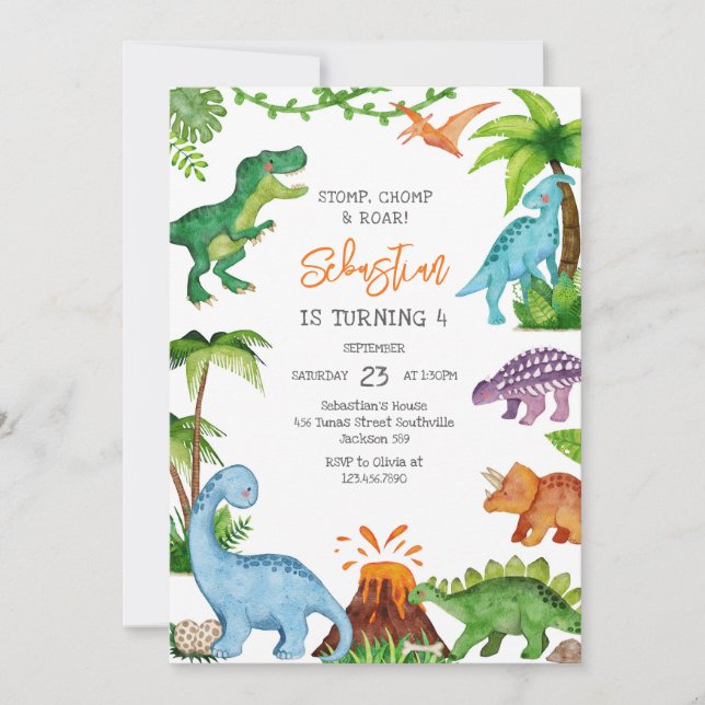 Invitación Dinosaur Stomp Chomp Roar Birthday Party  (Anverso)