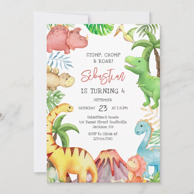Invitación Dinosaur Stomp Chomp Roar Birthday Party (Anverso)