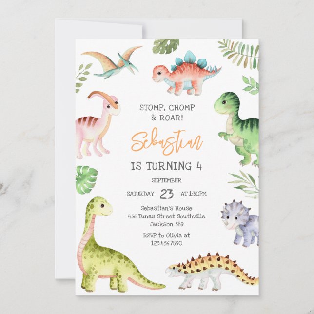 Invitación Dinosaur Stomp Chomp Roar Birthday Party (Anverso)