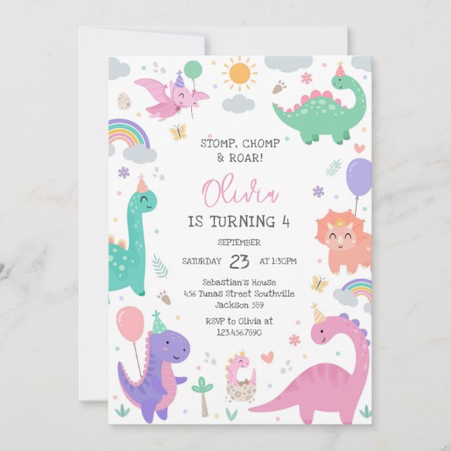 Invitación Dinosaur Stomp Chomp Roar Birthday Party (Anverso)