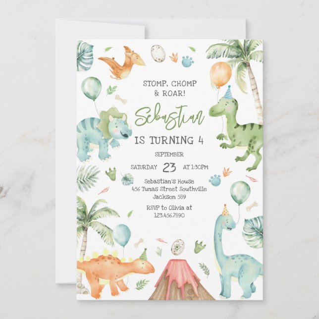 Invitación Dinosaur Stomp Chomp Roar Birthday Party (Anverso)