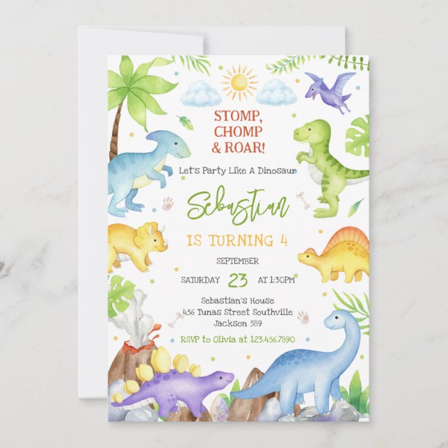 Invitación Dinosaur Stomp Chomp Roar Birthday Party  (Anverso)