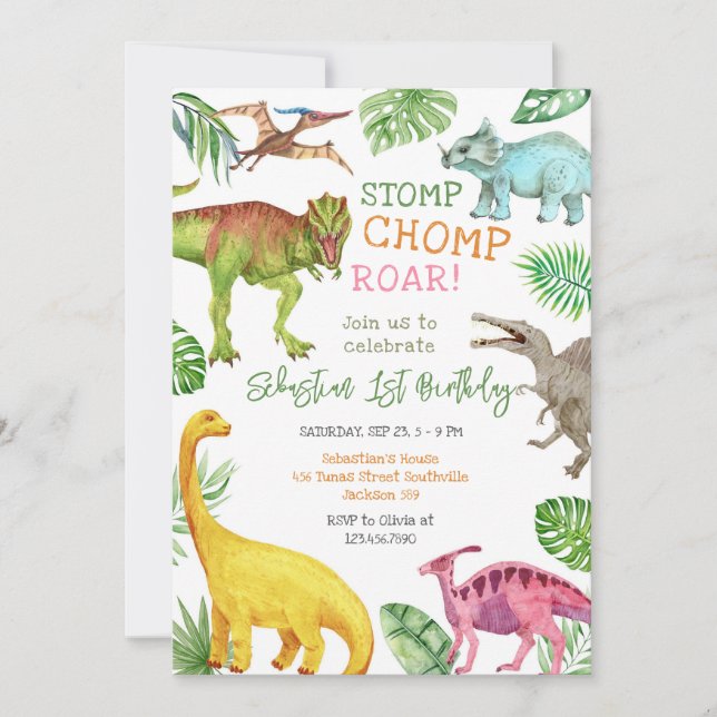 Invitación Dinosaur Stomp Chomp Roar Birthday Party  (Anverso)