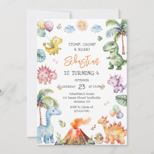 Invitación Dinosaur Stomp Chomp Roar Birthday Party (Anverso)