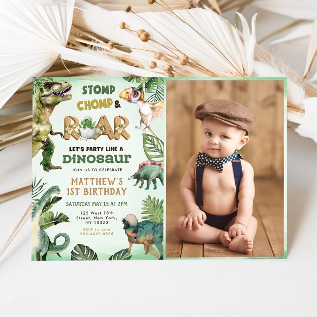 Invitación Dinosaur Stomp Chomp Roar Primer cumpleaños Fiesta (Subido por el creador)