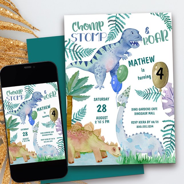 Invitación Dinosaur Stomp Chomp y Roar Boy Birday (4th birthday dinosaur invitation with personalized chomp stomp & roar rhyme)