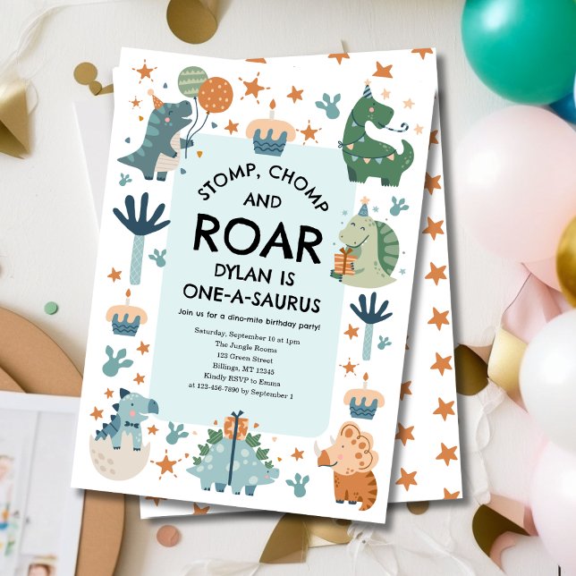Invitación Dinosaur Stomp Chomp y Roar Primer Cumpleaños (Subido por el creador)