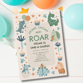 Invitación Dinosaur Stomp Chomp y Roar Primer Cumpleaños