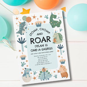Invitación Dinosaur Stomp Chomp y Roar Primer Cumpleaños