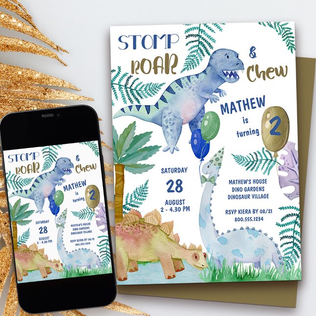 Invitación Dinosaur Stomp Roar y Chew Boys Fiesta de cumpleañ (2nd birthday dinosaur invitation with personalized stomp roar and chew rhyme)