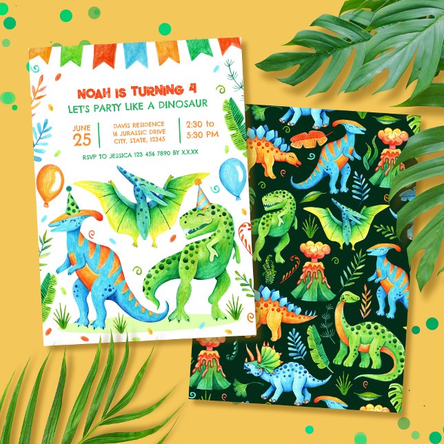 Invitación Dinosaur T rex Boys Fiesta de cumpleaños acuarela (Dinosaur Boys Birthday Party Watercolor Invitation)