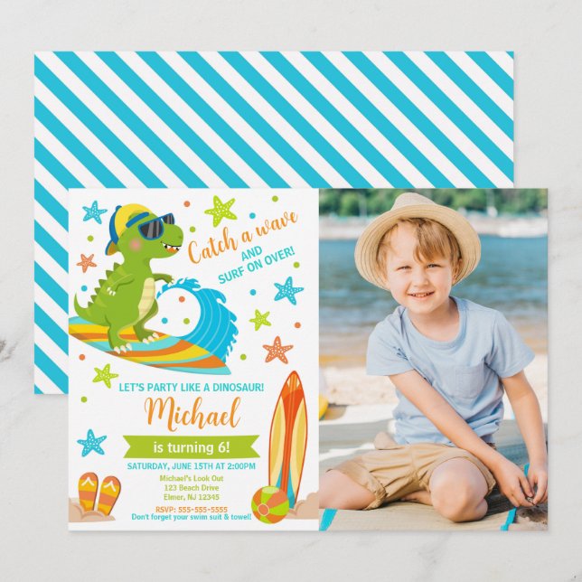 Invitación Dinosaur T-Rex Summer Beach Party Boy Birthday (Anverso / Reverso)