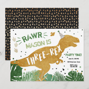 Invitación Dinosaur T-Rex Tres Rex RAWR Gold Boy Cumpleaños
