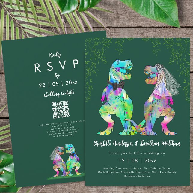 Invitación Dinosaur theme Green Wedding QR Code  (Colorful T-Rex bride and groom dinosaur wedding dark green rsvp qr code invitation Eucalyptus )