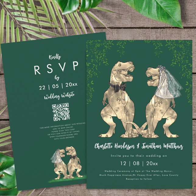 Invitación Dinosaur theme Green Wedding QR Code  (T-Rex bride and groom dinosaur wedding green rsvp qr code invitation watercolor Eucalyptus foliage )