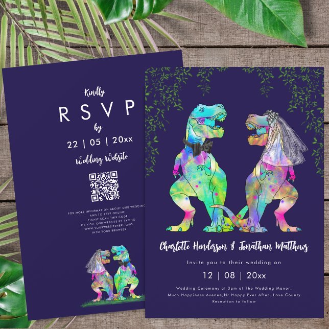 Invitación Dinosaur theme Navy Blue Pink Wedding QR Code  (Colorful T-Rex bride and groom dinosaur wedding navy blue & white rsvp qr code invitation )