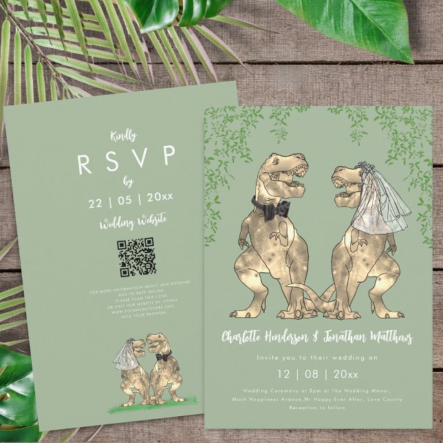 Invitación Dinosaur theme Sage Green Wedding QR Code  (T-Rex bride and groom dinosaur sage green wedding qr code invitation )
