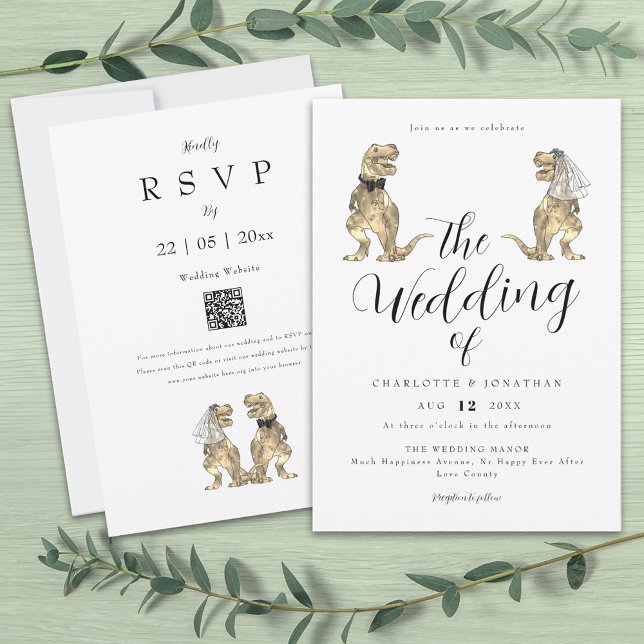 Invitación Dinosaur Theme Wedding (Dinosaur theme wedding invitation funny T-Rex dino bride and groom modern elegant script )