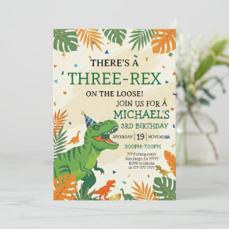Invitación Dinosaur Three-Rex Boy's 3rd Birthday Party