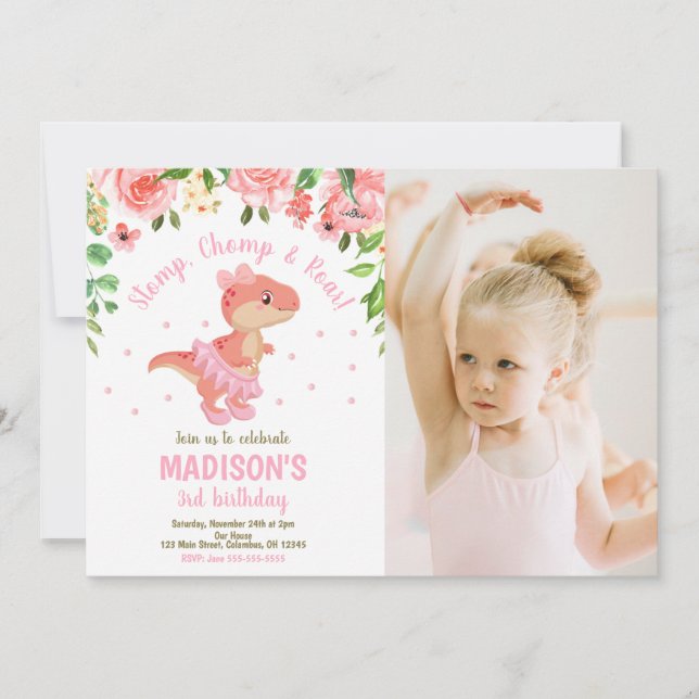 Invitación Dinosaur Tutu Ballerina Floral Photo Birthday  (Anverso)