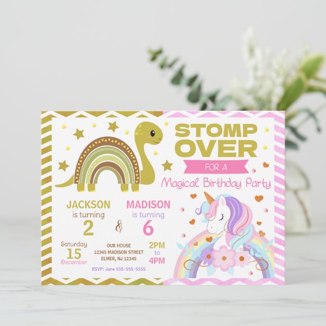 Invitación Dinosaur & Unicorn Joint Birthday Invitation (Anverso de pie)