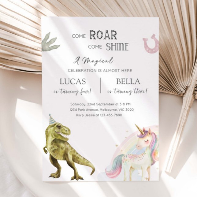 Invitación Dinosaur & Unicorn Siblings Joint Birthday Party (Subido por el creador)