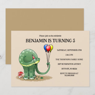 Invitación Dinosaur verde sosteniendo los globos de colores