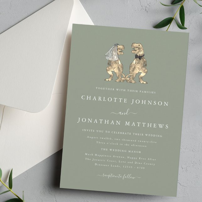 Invitación Dinosaur Wedding Elegant Sage Green (Simple Dinosaur T-Rex Bride and groom elegant simple sage greenery invitation wedding invitation )