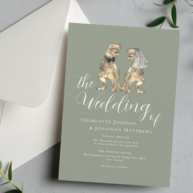 Invitación Dinosaur Wedding Elegant Sage Green (Dinosaur theme sage green wedding  invitation T-Rex dino bride and groom elegant script )