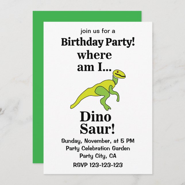 Invitación Dinosaur Where Am I Funny Birthday Party (Anverso / Reverso)