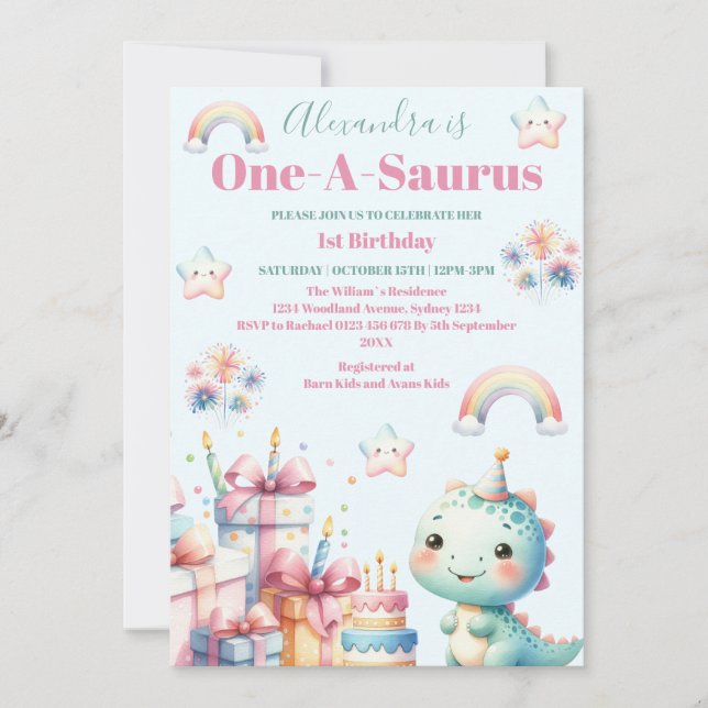 Invitación Dinosaurio 1er cumpleaños colorido lindo (Anverso)