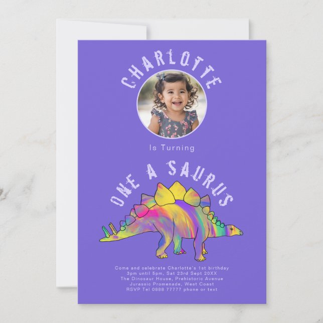 Invitación Dinosaurio 1er cumpleaños Fiesta morado (Anverso)