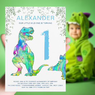 Invitación Dinosaurio 1er cumpleaños Fiesta salvaje uno azul