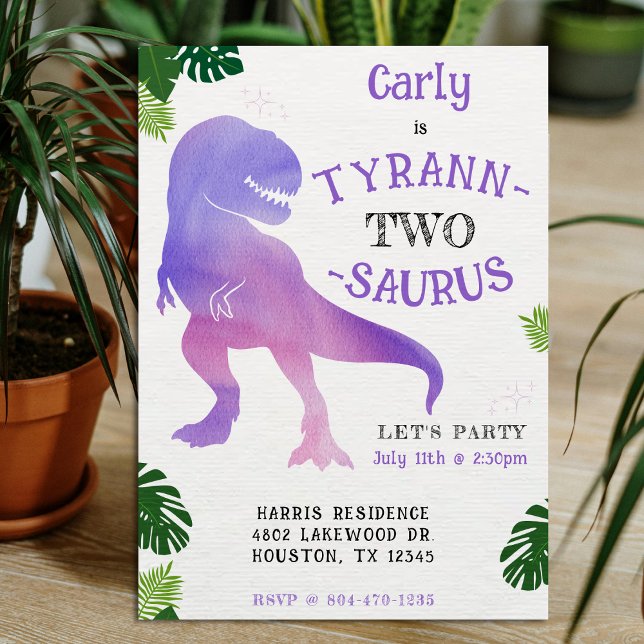 Invitación Dinosaurio 2 cumpleaños Tirano Púrpura Rex (Dinosaur 2nd Birthday Party Purple and Pink Tyrannosaurus Rex Invitation
)
