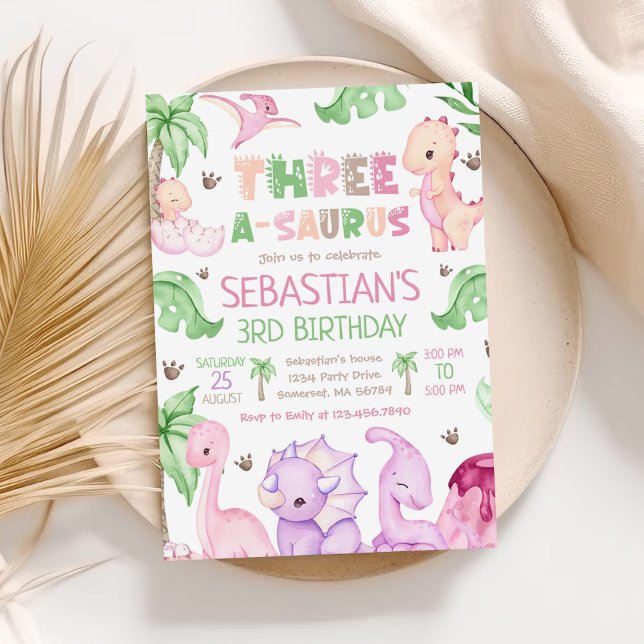 Invitación Dinosaurio 3-A-Saurus Chica 3 Fiesta de cumpleaños (Subido por el creador)