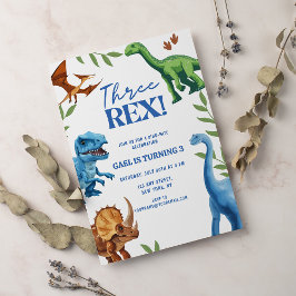 Invitación Dinosaurio 3 Rex Greenery Cumpleaños