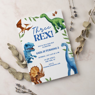 Invitación Dinosaurio 3 Rex Greenery Cumpleaños