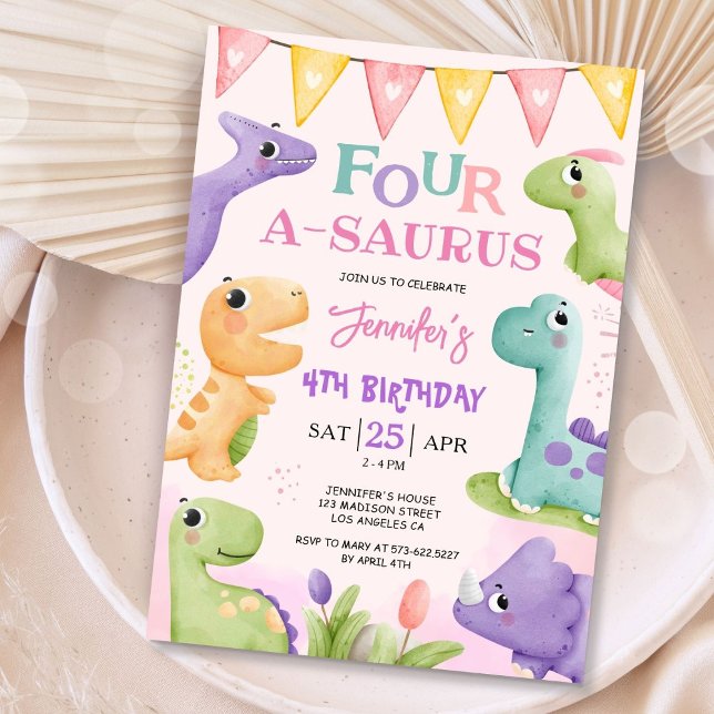 Invitación Dinosaurio 4º cumpleaños Cuta Rosa Cuatro A-Saurus (Subido por el creador)