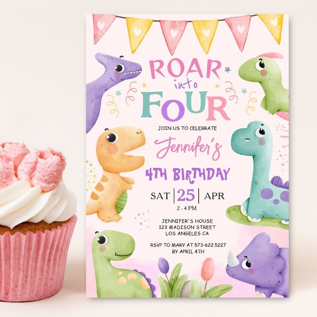 Invitación Dinosaurio 4º cumpleaños Roar rosado en cuatro (Subido por el creador)