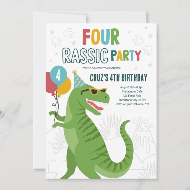 Invitación Dinosaurio 4.º cumpleaños Fiesta T-Rex 4 cumpleaño (Anverso)